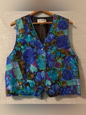 Jeri Marque NY Vintage Vest Silk Button Up Blue/Multi Women’s Sz M